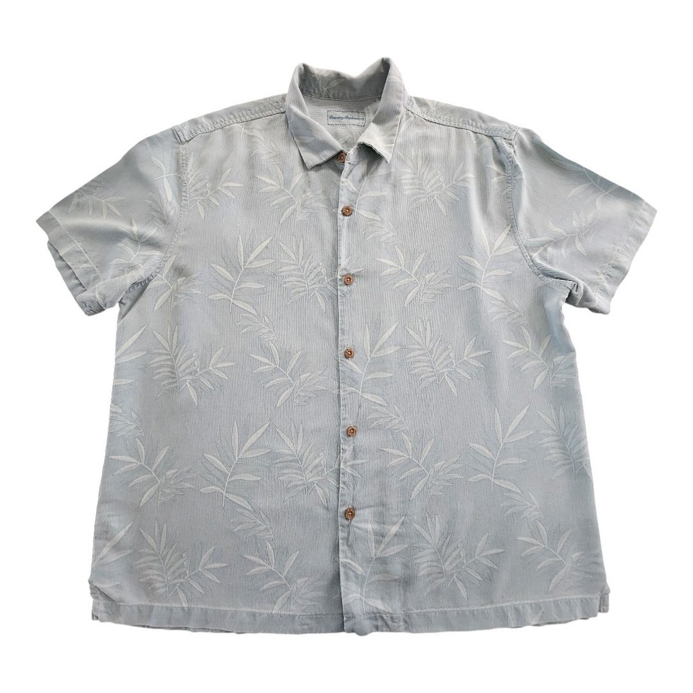 Tommy Bahama Silk Men's Shirt XXL Hawaiian Floral Palm Leaves Blue Summer Resort